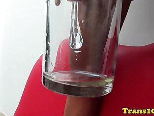 Latina transsexual pees after jerking off